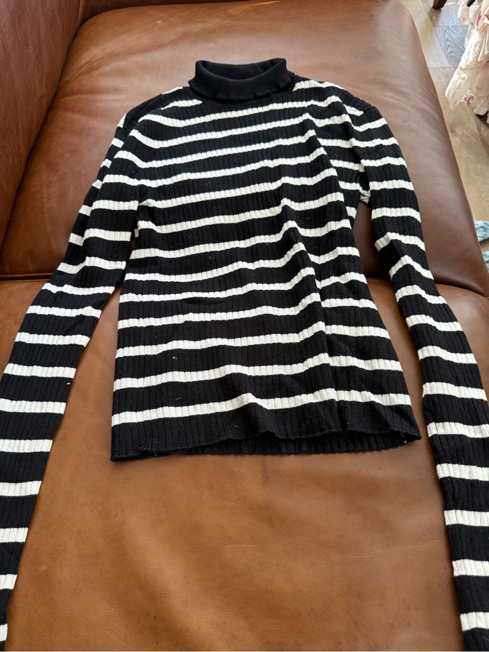 Zara Black and White Striped Ribbed Turtleneck Sweater